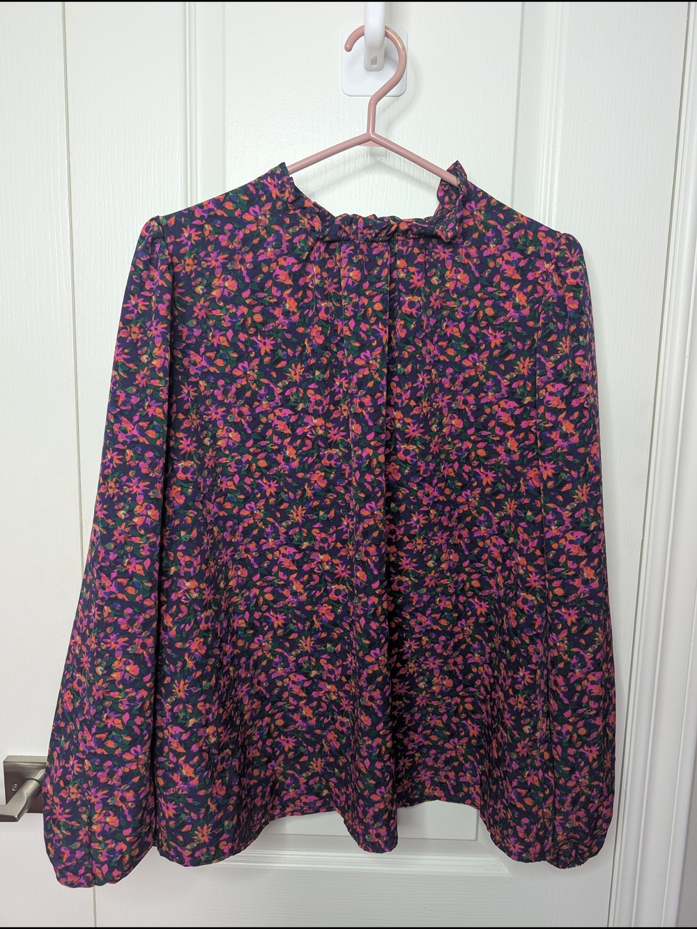 Floral Ruffle-Neck Blouse in Navy with Pink & Orange Accents